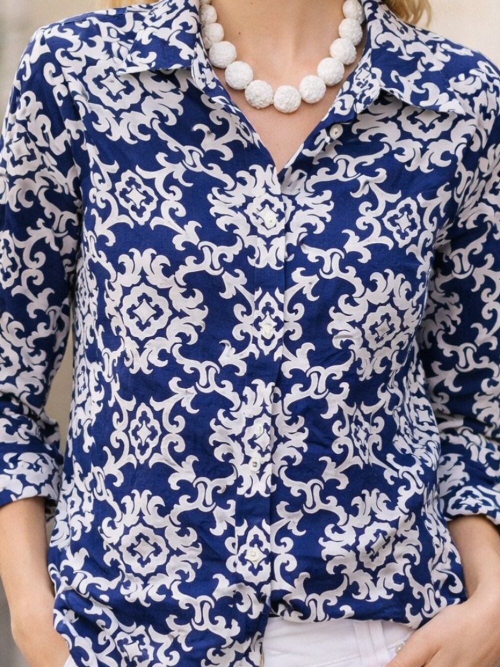 Talbots Plus Navy and White Geometric Print Button-Down Shirt - 1X